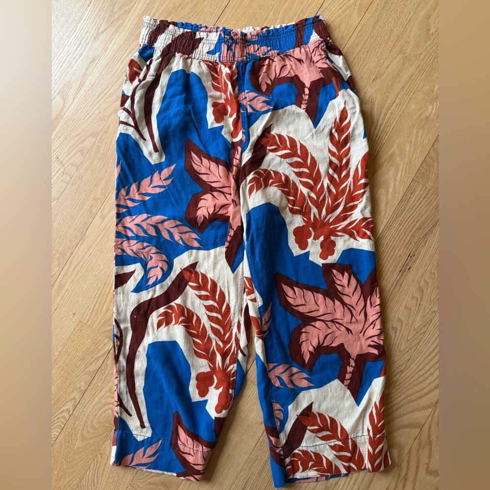 H&M Tropical Print Linen-Blend Pants in Blue, Rust & Cream